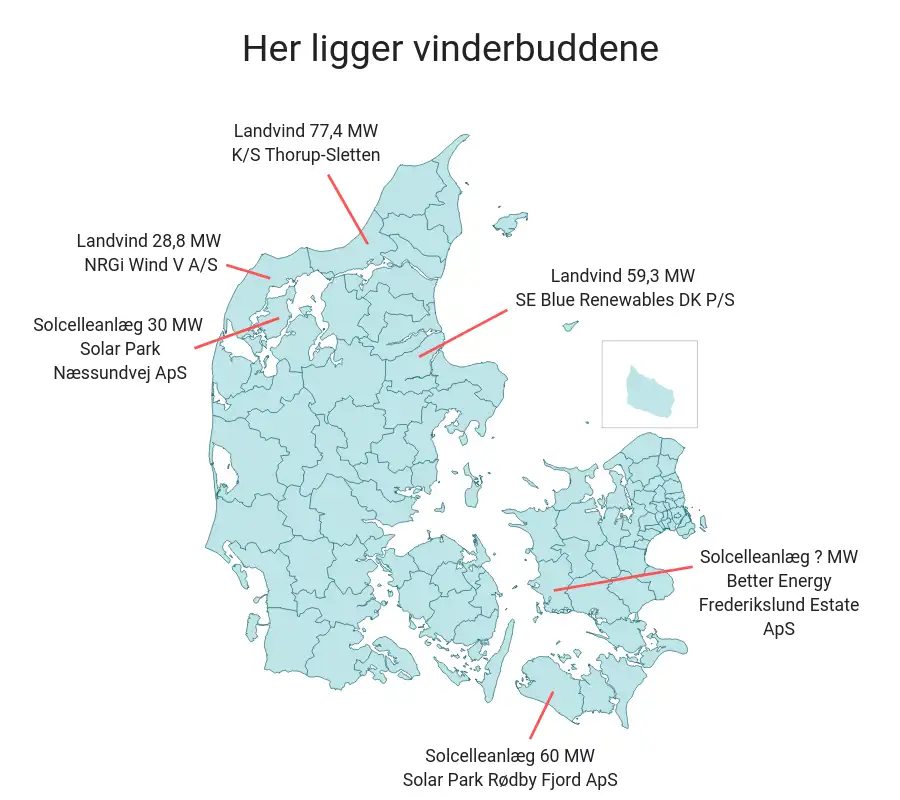 Danmarkskort med overskriften "Her ligger vinderbuddene" samt lokationer